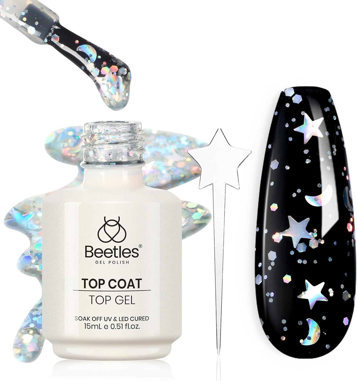 Gel Polish 2 1 Glitter HEMA FREE Top Coat No wipe Stars Moon