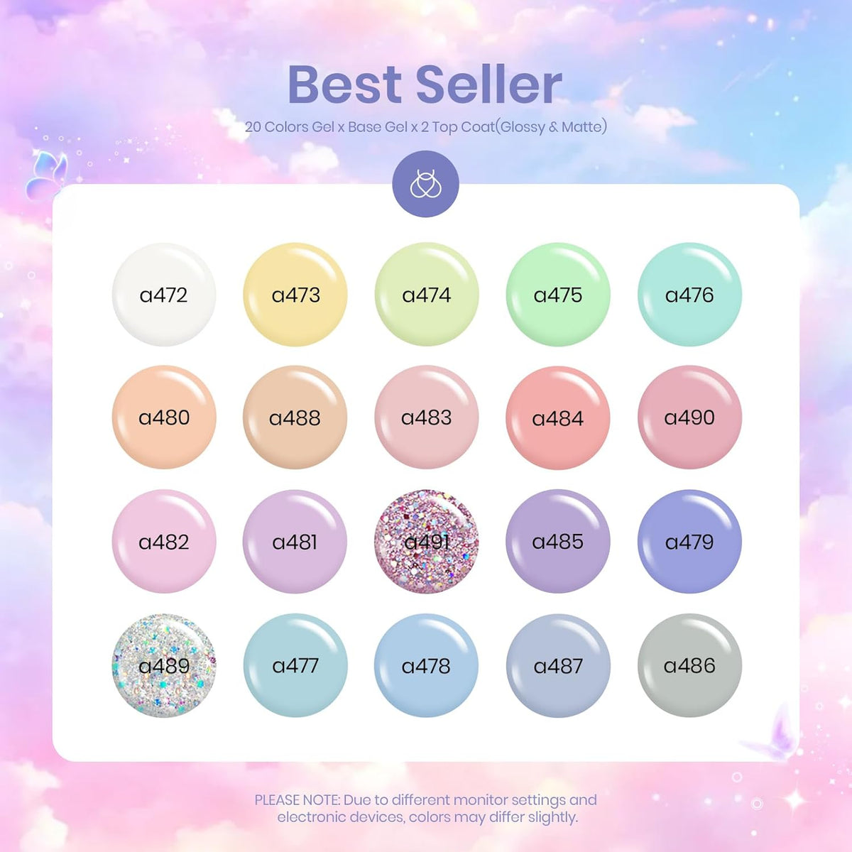 Pastel Paradise - 20 Gel Colors Set with Top and Base Coat (5ml/Each ...