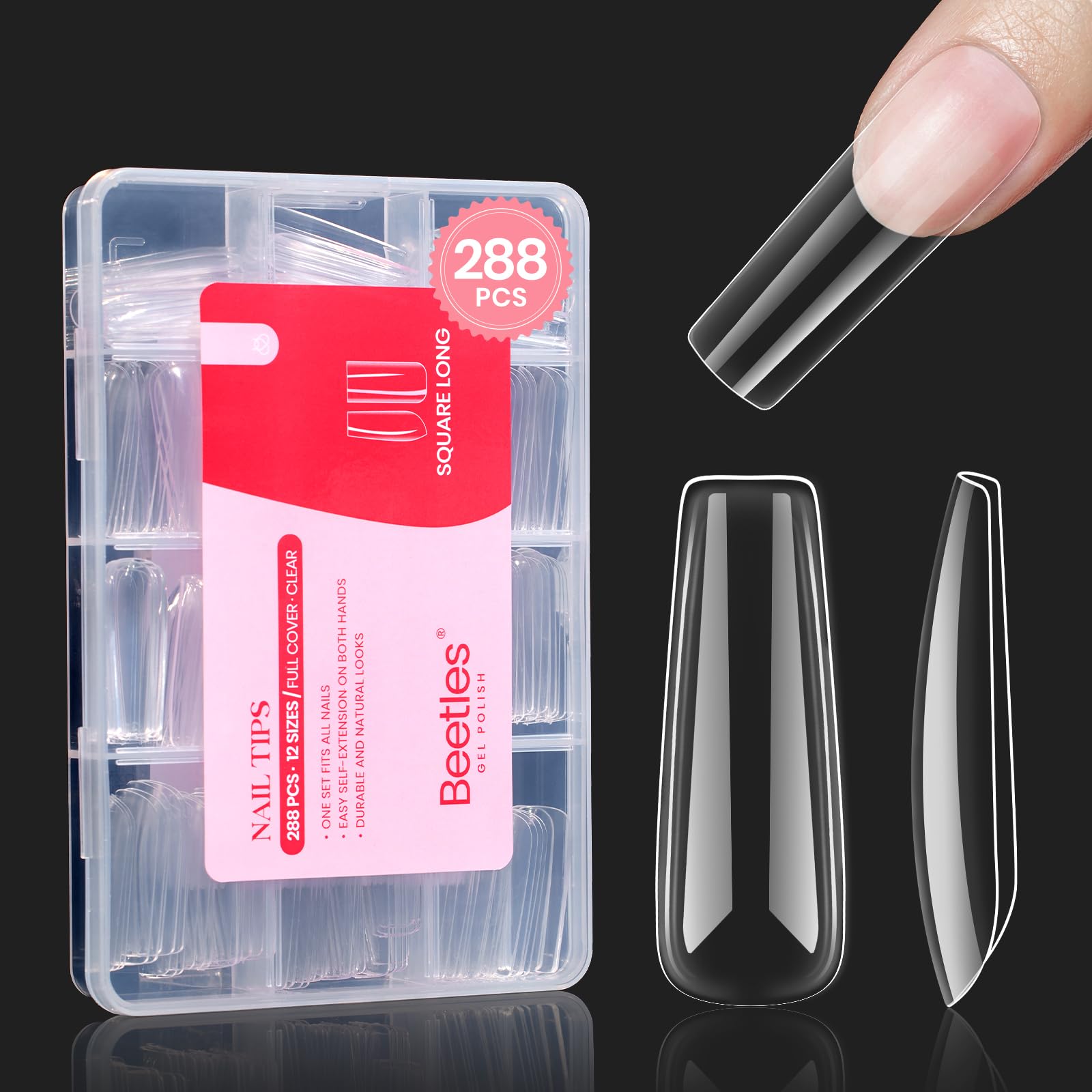 12 Sizes Square Long 288pcs Clear Nail Tips