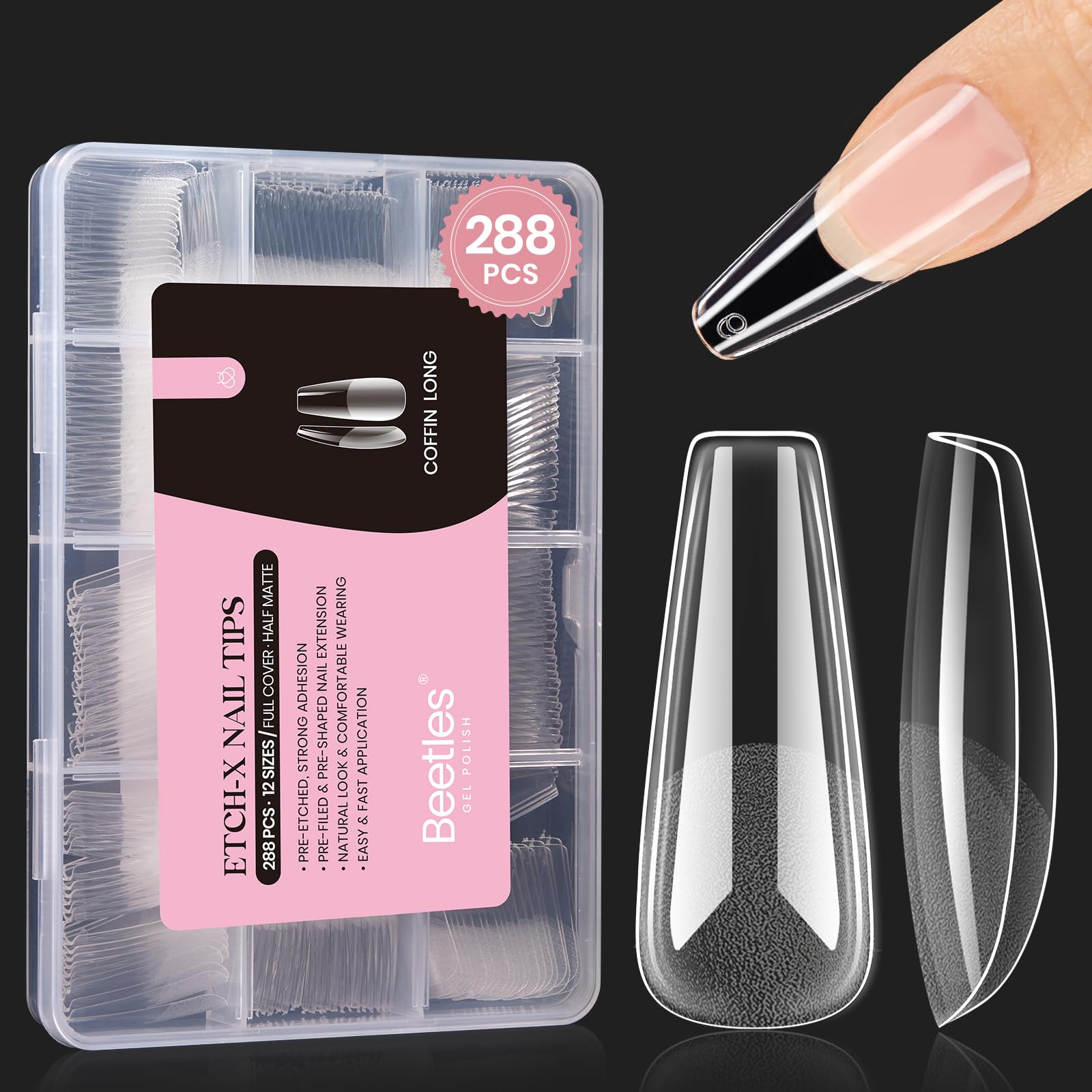 12 Sizes Coffin Long 288pcs Etch X Nail Tips Gel Nail TipsShort
