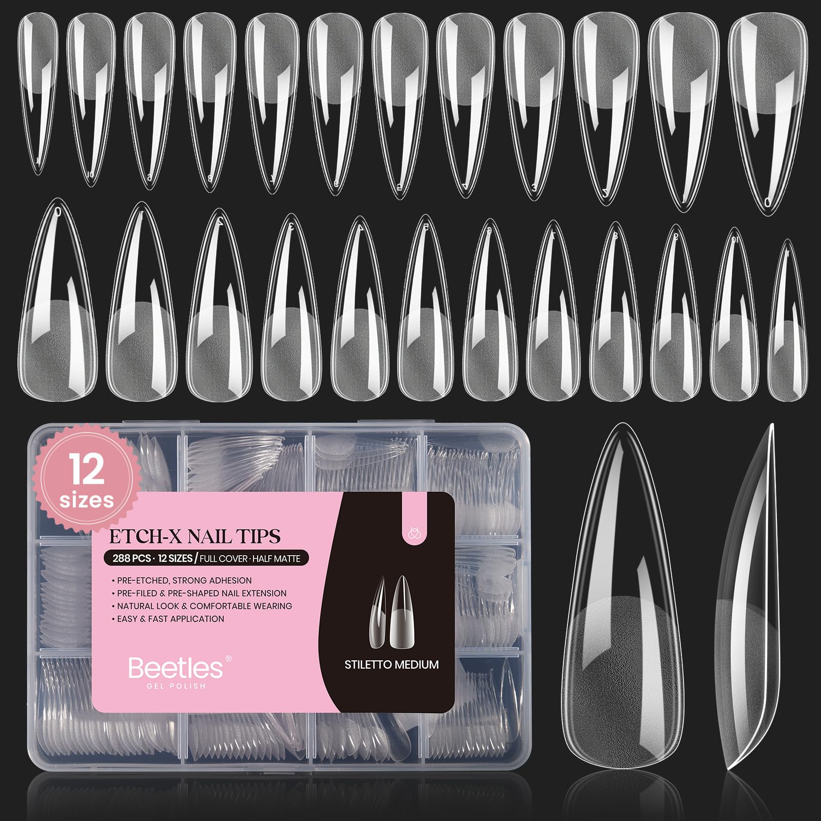 12 Sizes Gel Nail Tips MediumStiletto Gel Nail Tips 288Pcs