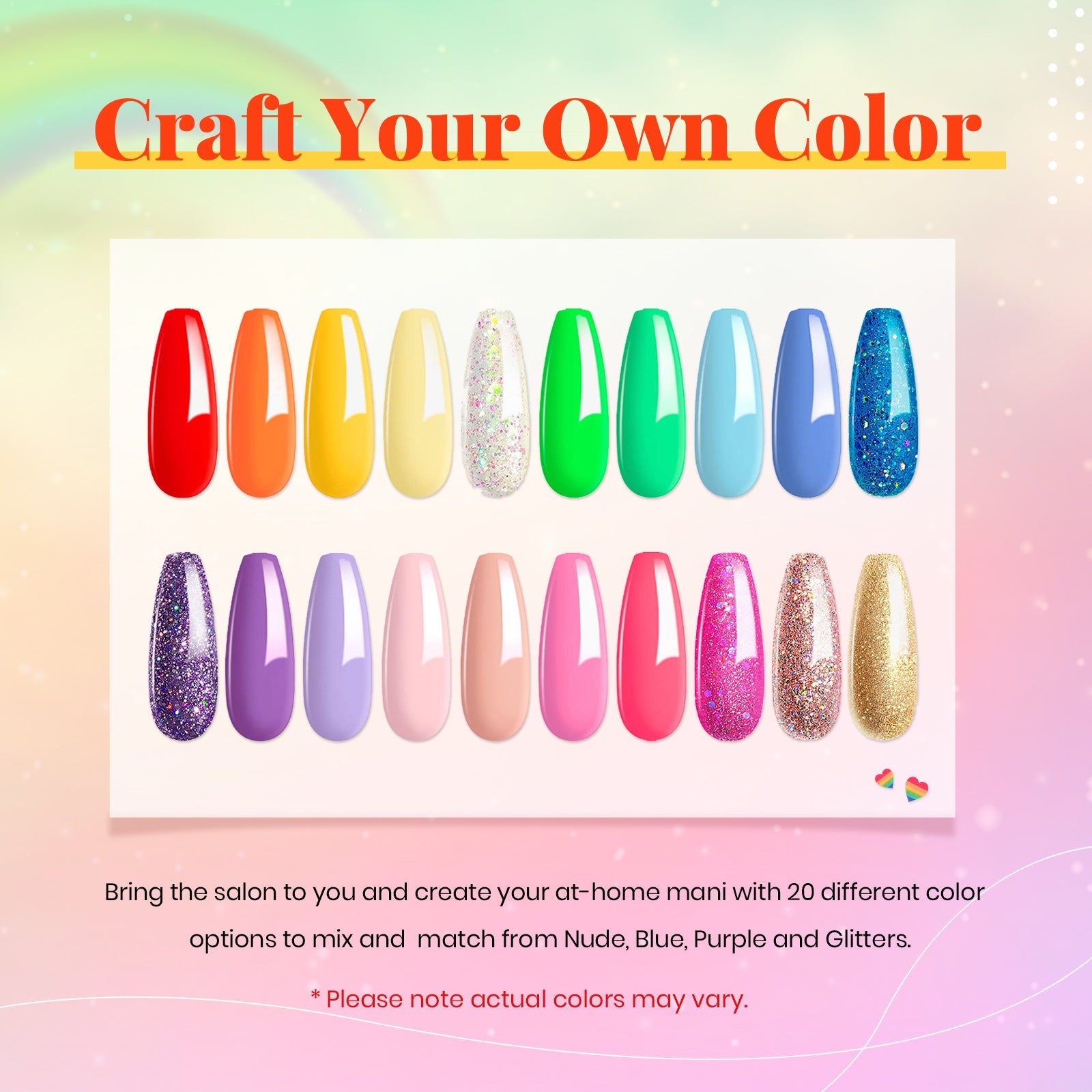Rainbow - 20 Gel Colors Set with Top and Base Coat (5ml/Each)